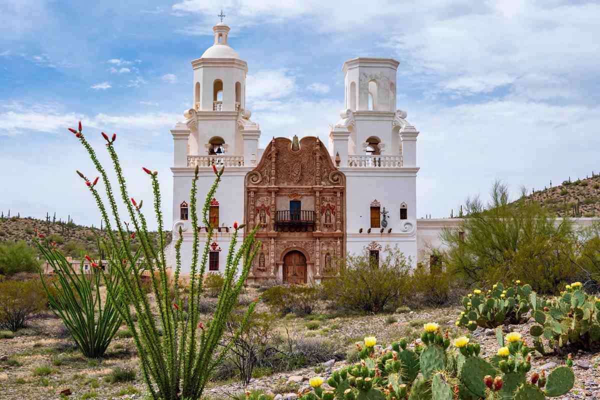 White Spanish colonial facade of Mission San Xavier del Bac near Tucson